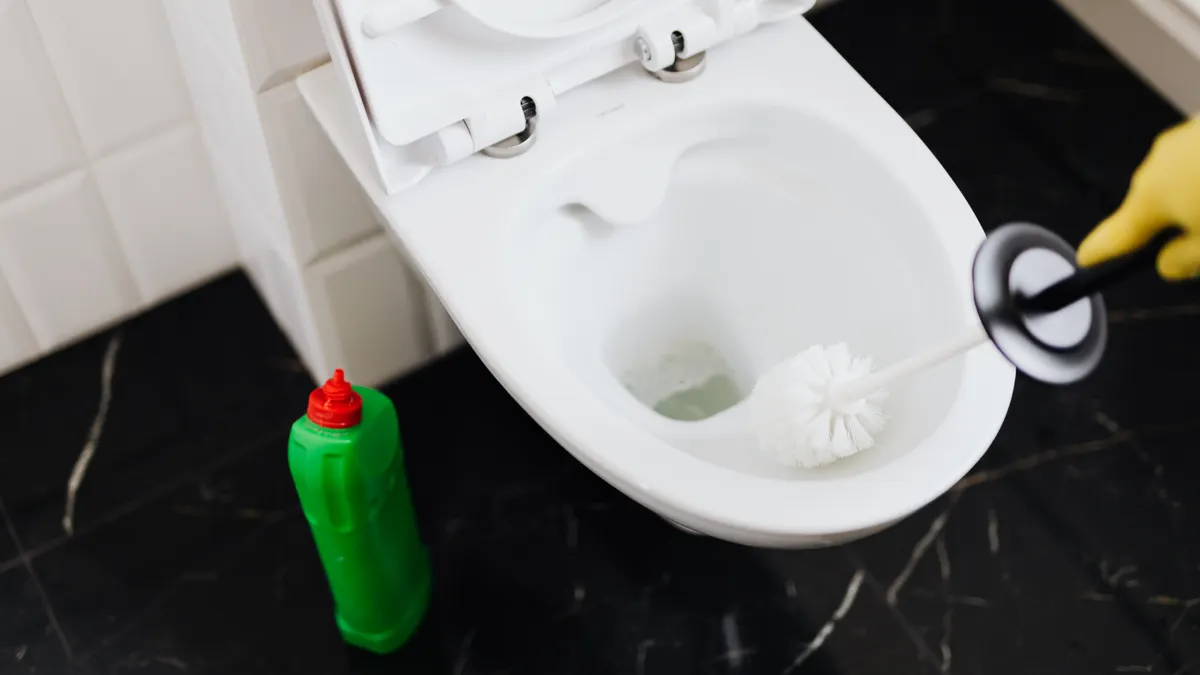 Toilet bowl with plunger and cleaner bottle